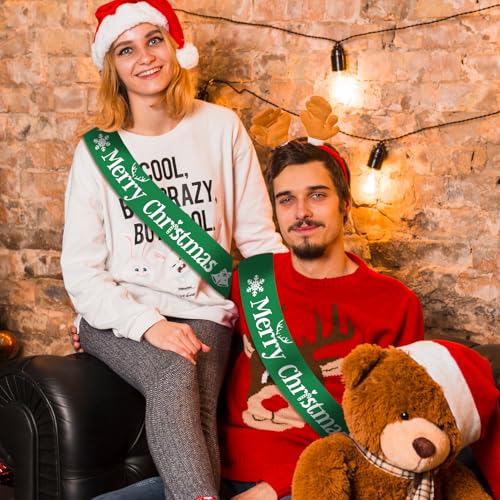 Merry Christmas Sash for Party - Retro Sage Green with White Foil Text, 31.5in x 3.74in