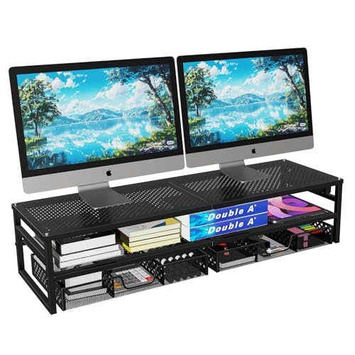 Dual Monitor Stand with USB Ports and Drawer Storage - Black