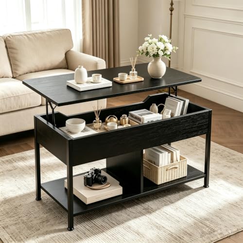 DUMOS Lift Top Coffee Table with Hidden Storage and Modern Rustic Design