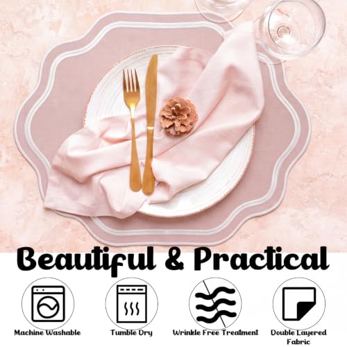 Breling Pink Cotton Scalloped Embroidered Placemats Set of 6 - Elegant Table Decor