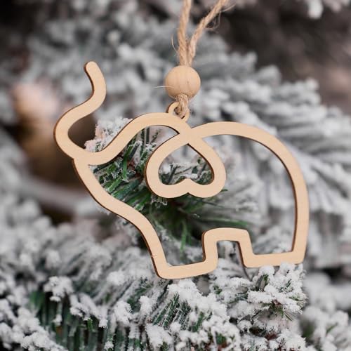 Wood Elephant Ornament with Heart Cutout - Rustic Xmas Gift for Mom & Friends