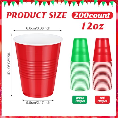 200 Pcs Red & Green 12 oz Plastic Cups, Bulk Disposable Xmas Party Cups (200 Pack) Hauwellter