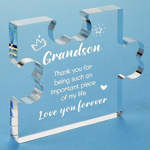 Funnli Grandson Gifts from Grandma Acrylic Puzzle Plaque - Christmas Valentines Day Fathers Day Birthday Gifts for Grandson 3.35 x 2.76 Inch Desk Decorations