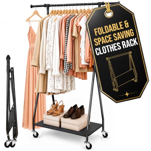 Foldable Clothes Rack with Wheels - Adjustable Height Portable Garment Organizer with Shelf