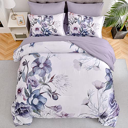 Luxudecor Queen Size Purple Floral Comforter Set 7 Piece Bed in a Bag