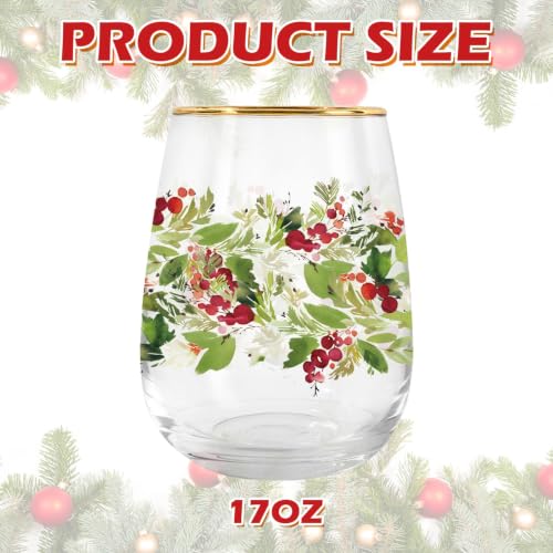Whaline 2-Pack 17oz Christmas Stemless Wine Glasses with Holly Berries & Gold Rim