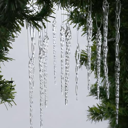 OuMuaMua 32-Piece Clear Handmade Glass Icicle Christmas Ornaments with Variations