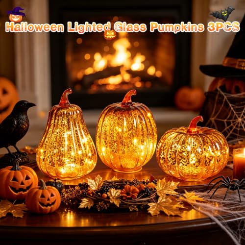 Mercury Glass Pumpkin Light Set - Orange Fall Halloween Decor, 3PCS