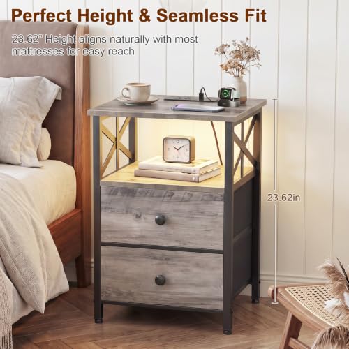 AMHANCIBLE Nightstands Set of 2 with Charging Station & RGB LED Lights - Greige