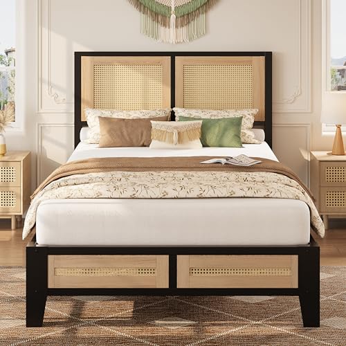 Twin Rattan Bed Frame with Headboard - Boho Metal Platform Bed, No Box Spring Needed