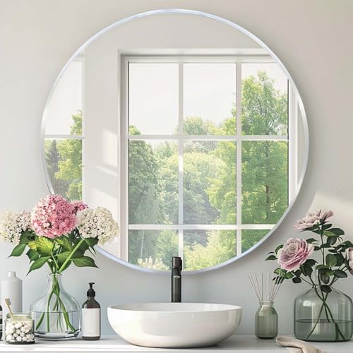 Round Bathroom Mirror 30x30 Inches Silver Wall Mirror with Metal Frame - Variation of Silver / 30L x 30W / 1