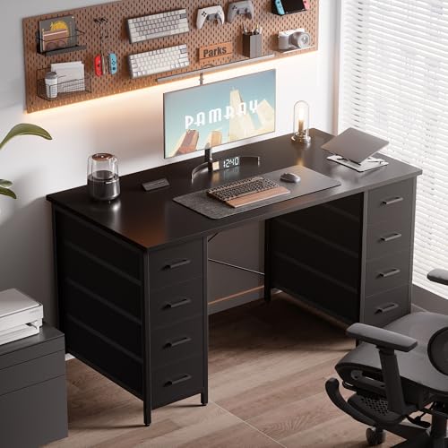 Pamray 47 Inch Computer Desk with 8 Fabric Drawers - Matte Black Home Office Workstation
