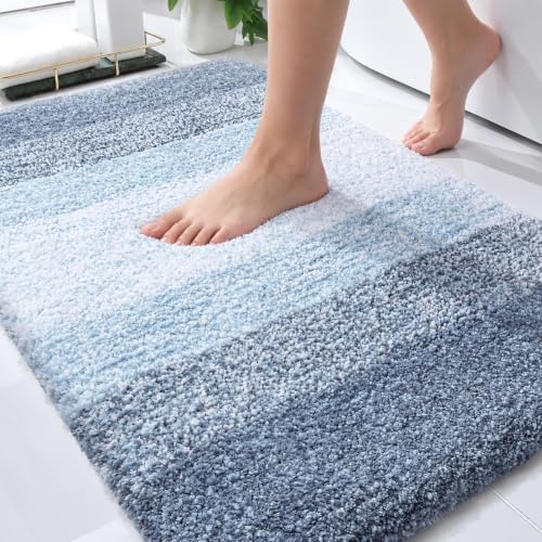 OLANLY 30x20 Blue Microfiber Bath Rug Extra Soft Absorbent Shower Mat