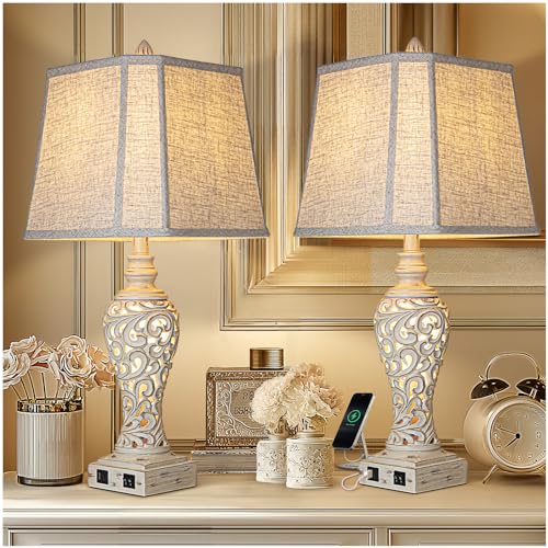 Cream Set of 2 28.5-Inch Farmhouse Bedside Table Lamps with Nightlight & USB Ports