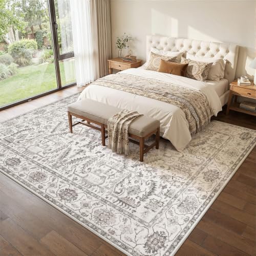 ZUNTKON 7x9 White Washable Area Rug Vintage Style Non-Slip Living Room Carpet