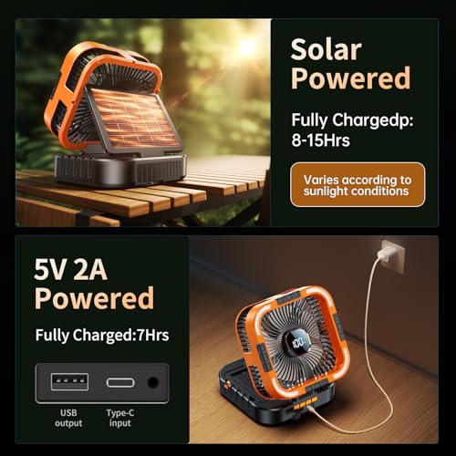 KIMMOO Solar Camping Fan with Light-10000mAh Rechargeable Portable, 6