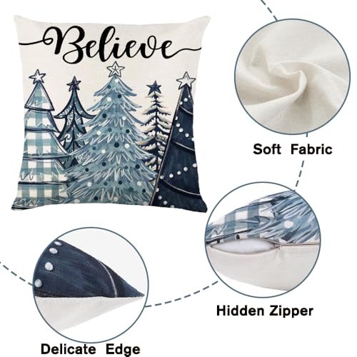 4PCS Christmas Throw Pillow Covers 18x18 Inch, Blue Snowflake Winter Holiday Wishes Pillow Cases Christmas Trees Seasonal Cushion Covers for Home Sofa Couch Outdoor Decoration