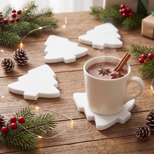 Acellegic Christmas Trees Marble Coasters Set of 4 White 4.7 x 3.9 inches - Holiday Table Decor
