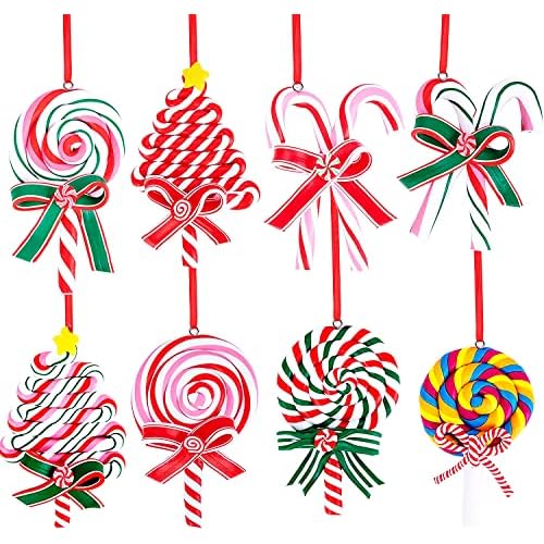8 Pieces Christmas Lollipop Ornaments,Christmas Candies Polymer Clay Ornament,Xmas Decor Candy Cane Hanging Decorations,Sweets Candy Pendant Xmas Tree Party Supplies
