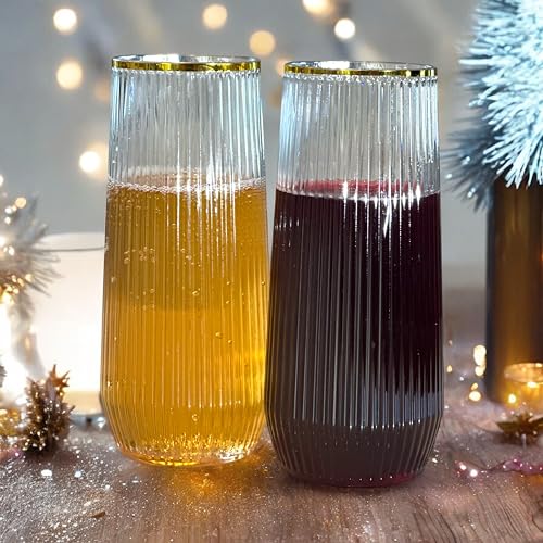 Oojami 48 Pack Plastic Champagne Flutes & Wine Glasses Set Gold Rim