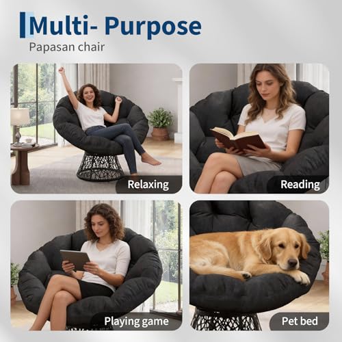 Garvee 40-Inch Black Ergonomic Wicker Papasan Chair with Thick Cushion