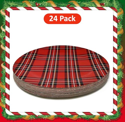 13-Inch Buffalo Plaid Disposable Charger Plates, 24 Pack - Red