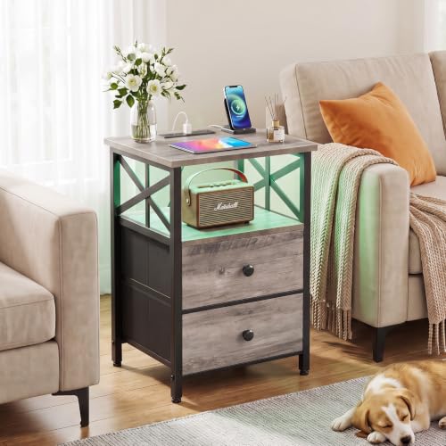 AMHANCIBLE Nightstands Set of 2 with Charging Station & RGB LED Lights - Greige
