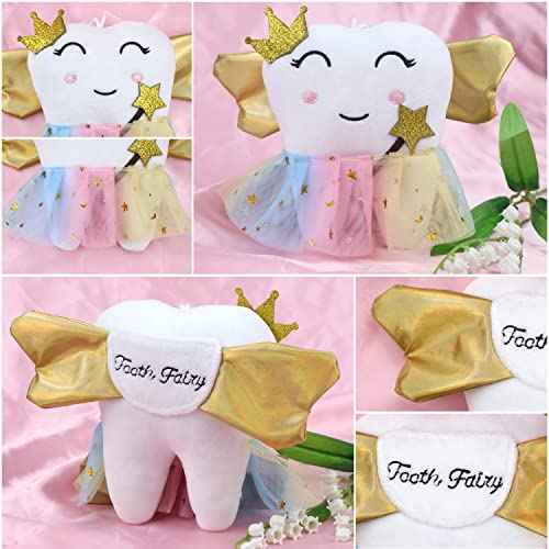 Cute Tooth Fairy Pillow with Wings and Colorful Skirt Tooth Fairy Doll with Pocket on Back Toothfairy Keepsake Gift for Girl and Boys