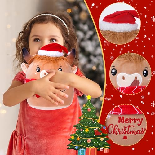 Christmas Cow Stuffed Animal: 8-Inch Cute Highland Cow Plush Toy with Festive Scarf Soft Plushie Pillow, Perfect Christmas Holiday Birthday Gifts for Kids Girls Boys