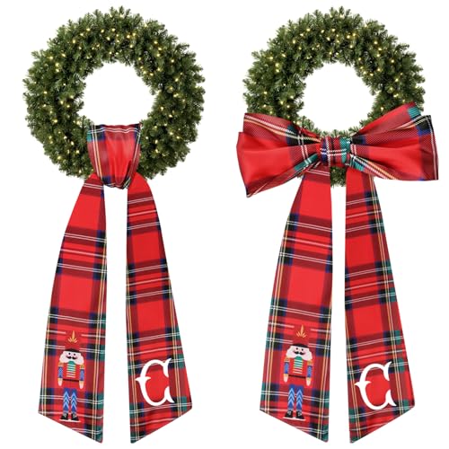 Yoirrat 2Pcs Christmas Plaid Nutcracker Monogram Satin Wreath Sash - Red C