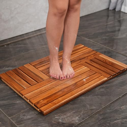 Utoplike 32x20 Inch Teak Wood Bath Mat Non-Slip Shower Floor Mat for Bathroom