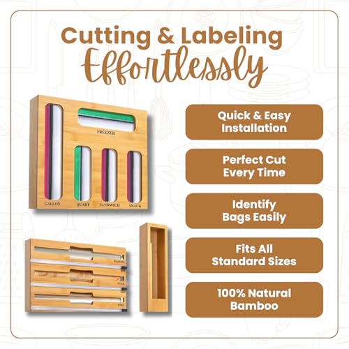 9-in-1 Kitchen Drawer Organizer for Food Storage & Wraps, Bamboo Dispenser with Cutter