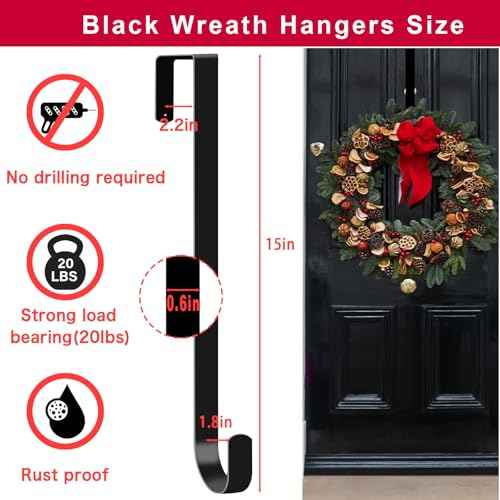 2 Pack 15" Black Wreath Hanger for Front Door, Metal Wreath Hooks Holder Over The Door Wreath Hanger for Hanging Christmas Decorations Xmas Decor