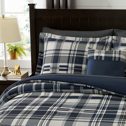 MaiRêve Navy Blue Queen Plaid Comforter Set 7 Pieces Bed in a Bag