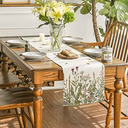 Artoid Mode Antique Herbs and Wild Flowers Summer Table Runner, Spring Fall Kitchen Dining Table Decoration for Home Party 13x72 Inch