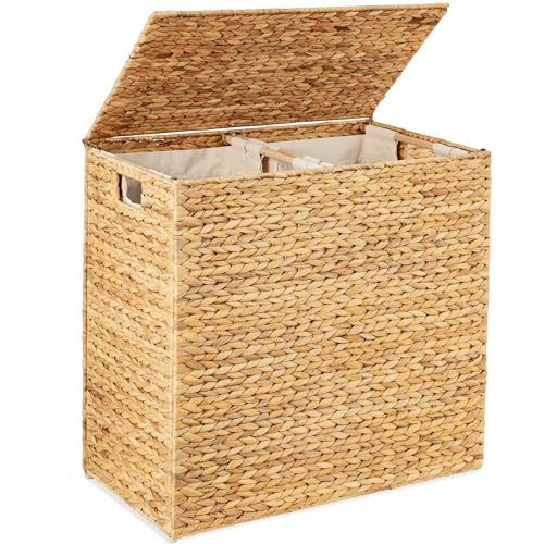 Large Laundry Hamper with Lid - Natural Handwoven Hyacinth, 30 Gallon (114L), Removable Washable Liners, Handles - Natural / Large 114L