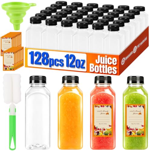 12 oz Reusable Plastic Juice Bottles Pack of 128 with Caps & Labels - Clear