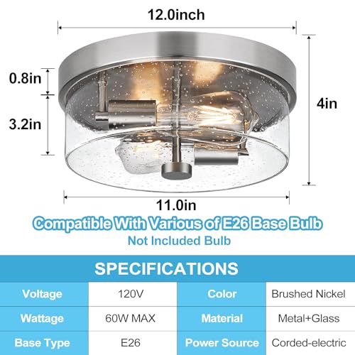 Brushed Nickel 2-Light Flush Mount Ceiling Light Fixture with Seeded Glass Shade for Porch, Hallway, Bathroom, Dining Room, Foyer - SZZGCO