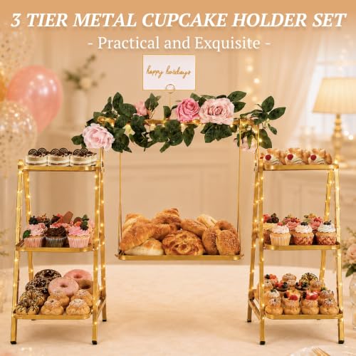 Gold 3-Tier Cupcake Stand with Fairy Lights & Flower Garland for Parties