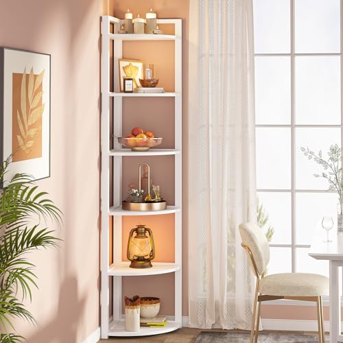White Tribesigns 6-Tier Corner Shelf - Space-Saving Bookcase for Living Room & Home Office