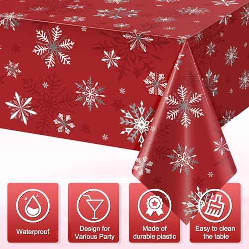 3 Pack Red Christmas Snowflake Plastic Tablecloth Decorations, Red and White Snowflake Christmas Disposable Table Cover for Winter Christmas Holiday New Year Party Supplies Decorations, 54 x 108 Inch