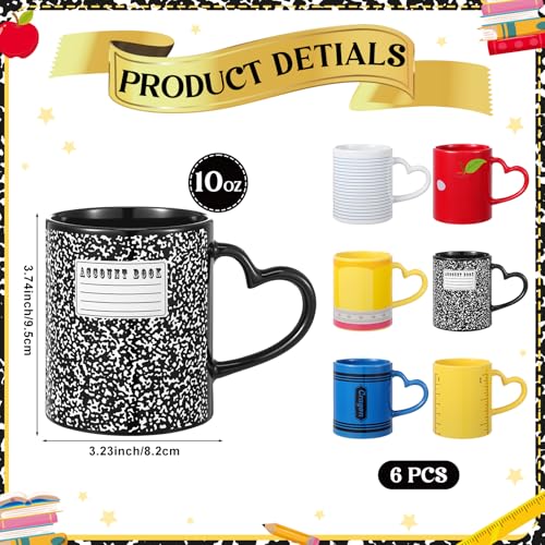 Back to School Colorful Teacher Mug Set of 6 - 10oz Ceramic Coffee Cups with Heart Handles