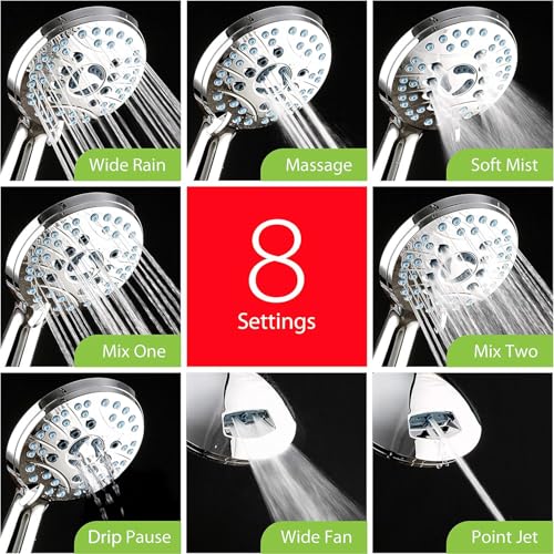 Hotel Spa AquaCare 8-Mode High Pressure Handheld Shower Head with 2-Mode Power Wash 2.5 GPM Chrome