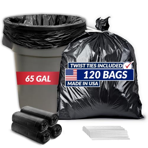 Heavy Duty 65 Gallon Trash Bags with Twist Ties - Leakproof 120 Count