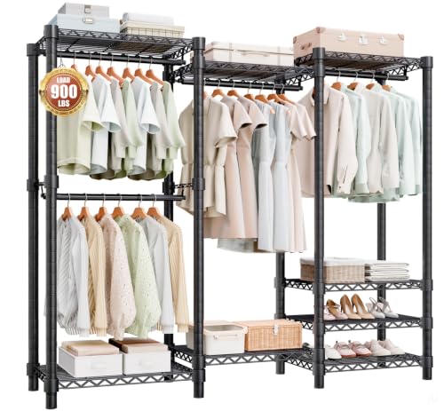 Black Heavy Duty Clothes Rack with 8 Shelves & 4 Adjustable Hangers - Industrial Metal Closet Organizer