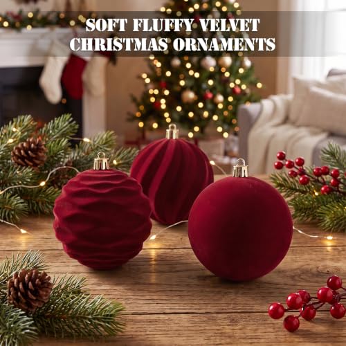 DONGULI Burgundy Velvet Christmas Ornaments 3.15" 12-Piece Set
