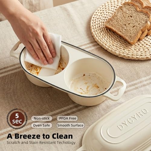 Enamelled Cast Iron Double Round Bread Loaf Pot with Lid - Cream White - 2 Chambers