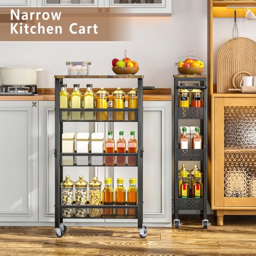 Black 4-Tier Slim Utility Rolling Cart with Wood Top - Narrow Metal Storage