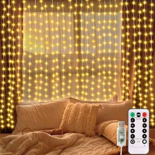 echosari Curtain Lights, 300 LED Fairy Curtain Lights with Remote Timer, USB Powered Copper Curtain String Lights 9.8Ft x 9.8Ft for Bedroom Window Christmas Wedding Decor (Warm White)