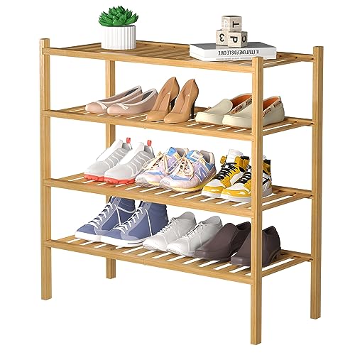 4-Tier Bamboo Shoe Rack for Entryway - Stackable Closet Organizer, Natural Finish